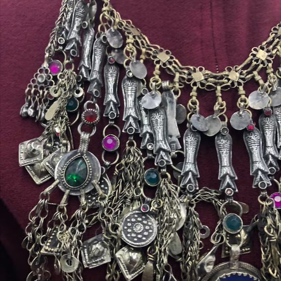 Afghan Vintage Silver Kuchi Fish Oversized Choker Necklace, Kuchi Jewelry, - Picture 6 of 7